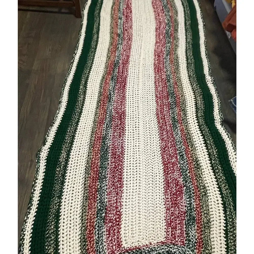 Vintage Crochet Handmade Red Green White Vertical Striped Granny Afghan Throw